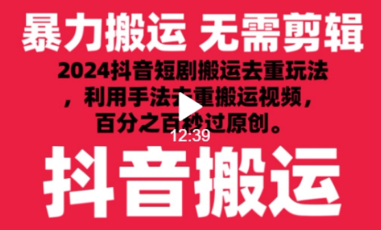 2024最新抖音搬运技术，抖音短剧视频去重，手法搬运，利用工具去重，达到秒过原创的效果-易购网创