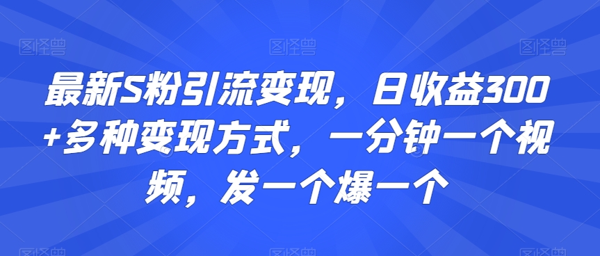 最新S粉引流变现，日收益300+多种变现方式，一分钟一个视频，发一个爆一个-易购网创