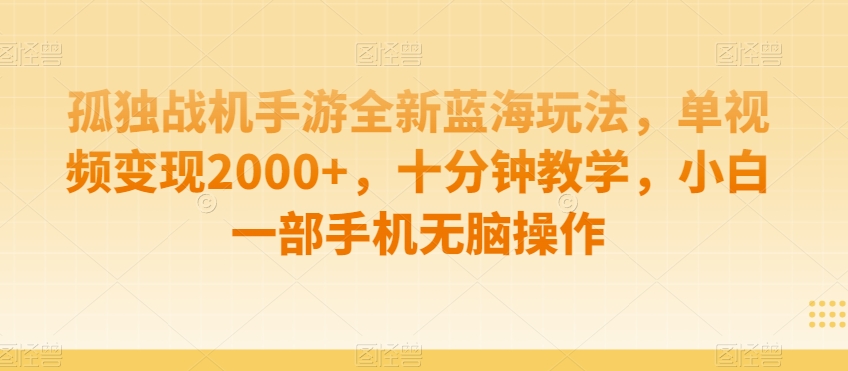 孤独战机手游全新蓝海玩法，单视频变现2000+，十分钟教学，小白一部手机无脑操作-易购网创