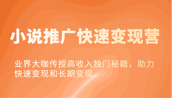 小说推广快速变现营-业界大咖传授高收入独门秘籍，助力快速变现和长期变现。-易购网创