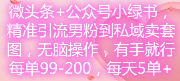 微头条+公众号小绿书，精准引流男粉到私域卖套图，无脑操作，有手就行，每单99-200，每天5单-易购网创