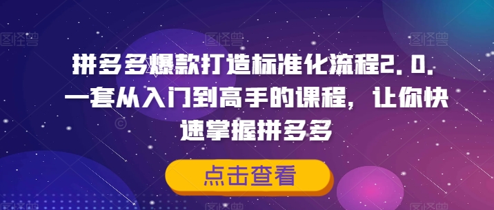 拼多多爆款打造标准化流程2.0，一套从入门到高手的课程，让你快速掌握拼多多-易购网创